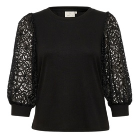 Kaffe Becca Lace Top in black with round neckline, sheer floral lace puff sleeves and fitted cuffs on white background