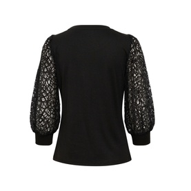 Kaffe Becca Lace Top in black, back view, with sheer lace puff sleeves, fitted cuffs, and straight hemline