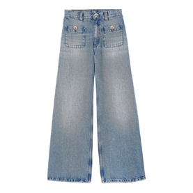 Sandro Patch Pocket Wide Leg Jeans in blue jean, wide-leg fit, large front patch pockets with stud detail, faded wash denim