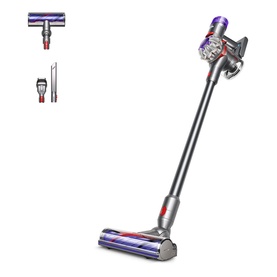 Dyson V8 Advanced Cordless Stick Vacuum Cleaner in silver and red, shown with fluffy floor head and two additional attachments