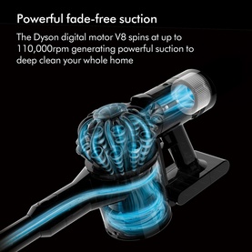 Dyson V8 Advanced Cordless Stick Vacuum Cleaner motorhead detail with blue airflow animation highlighting powerful fade-free suction technology