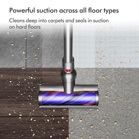 Dyson V8 Advanced Cordless Stick Vacuum Cleaner motorbar head cleaning across carpet and hard floor surfaces