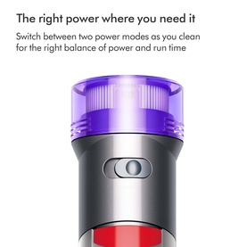 Dyson V8 Advanced Cordless Stick Vacuum Cleaner handle and cyclone unit with purple top and two-mode power switch button visible.