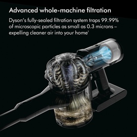 Dyson V8 Advanced Cordless Stick Vacuum Cleaner filter unit with blue light, highlighting 99.99% whole-machine filtration system