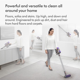 Dyson V8 Advanced Cordless Stick Vacuum Cleaner shown in multiple lifestyle poses cleaning floors, sofas, and stairs in a bright home setting.