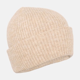 Kaffe Marlene Rib Knit Beanie in beige with turned-up brim and rib knit texture