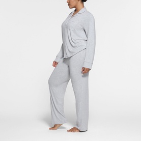 Long Sleeve Button Up Pyjama Set Light Heather Grey