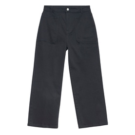 Mint Velvet Cropped Wide Leg Jeans in black, wide-cut silhouette, five-pocket style with button fastening, flat lay view