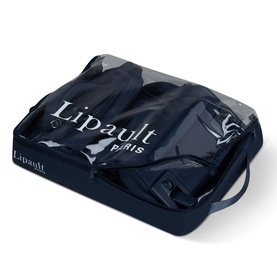 Lipault Foldable Plume Mini Cabin Bag 45cm in blue, folded flat inside a transparent zip storage pouch with branded logo