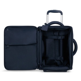 Lipault Foldable Plume Mini Cabin Bag 45cm in blue, open to show interior compartments, straps, and extendable handle