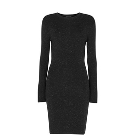 Whistles Annie Sparkle Knit Mini Dress in black with metallic flecks, round neck, long sleeves, and bodycon silhouette