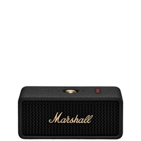 Marshall Emberton III Speaker in Black & Brass, compact rectangular portable Bluetooth speaker with gold script logo and textured grille