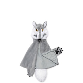 Great Pretenders Woodland Storybook Wolf Cape in light grey with wolf hood, faux fur detailing, paw accents, and white tail