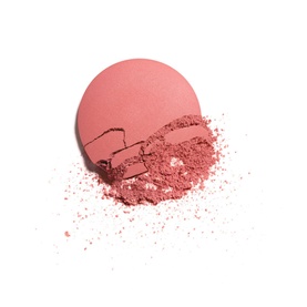 CHANEL Powder Blush in Quintessence, dusty rose compact blush pan shown broken open with loose powder scatter