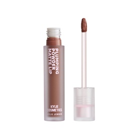 Kylie by Kylie Jenner Plumping Powder Matte Lip Liquid Lipstick in Chocolate Teddy, 3ml, shown open with applicator wand