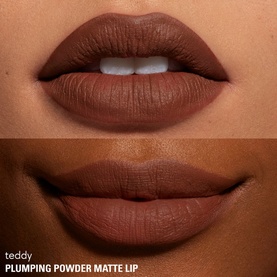Model with Kylie By Kylie Jenner Plumping Powder Matte Lip in Chocolate Teddy, shown in two lip swatch close-ups on different skin tones