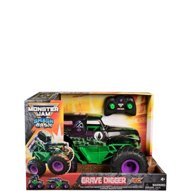 Monster Jam Official Smash & Bash Grave Digger Remote Control Truck in green and black, with oversized wheels and RC handset, in box