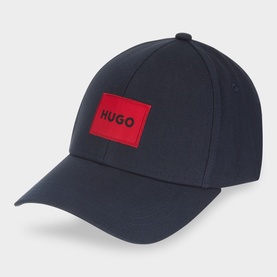Hugo Men-X Logo Baseball Cap in dark blue cotton with red logo patch, peaked visor, six-panel design and adjustable back