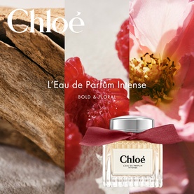 Chlo&eacute; L'Eau de Parfum Intense 50ml EDP bottle styled with pink floral and wood backdrop, bold floral fragrance campaign shot