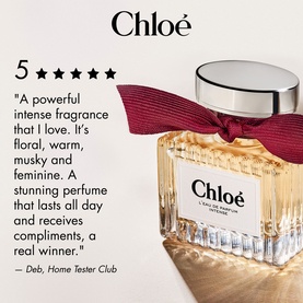 Chlo&eacute; L'Eau de Parfum Intense 50ml EDP with burgundy ribbon bow, featuring a 5-star customer review quote on packaging visual