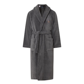Ralph Lauren Polo Player Logo Robe in grey, shawl collar, wrap front with self-fabric belt, embroidered logo, plush cotton fabric