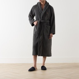 Model wearing Ralph Lauren Polo Player Logo Robe in grey, shawl collar, belted waist, styled with navy slippers