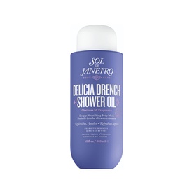 Sol De Janeiro Delicia Drench Shower Oil in a purple bottle with white cap, 385ml body wash