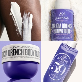 Sol De Janeiro Delicia Drench Shower Oil lifestyle flatlay showing shower oil, body butter, and body lotion products arranged in a grid