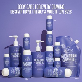 Sol De Janeiro Delicia Drench Shower Oil range displayed in multiple travel-friendly and full sizes in purple packaging