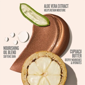 Sol De Janeiro GlowMotions Copacabana Bronze Glow Oil shown with key ingredients: aloe vera extract, cupuacu butter, and nourishing oil blend.