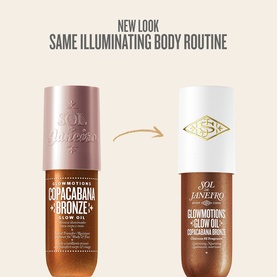 Sol De Janeiro GlowMotions Copacabana Bronze Glow Oil old and new packaging comparison, both bottle designs side by side.