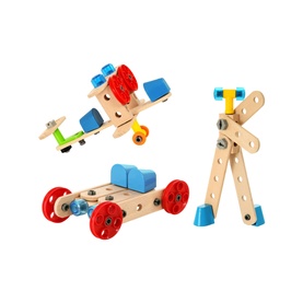 Brio Builder Starter Construction Set, 49-piece wooden toy with red wheels, showing plane, car and tower builds