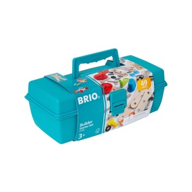 Brio Builder Starter Construction Set in teal carry case with illustrated lid, 49-piece wooden and plastic construction toy for ages 3+