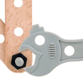 Brio Builder Starter Construction Set grey plastic spanner tightening a black bolt on a wooden plank with drilled holes
