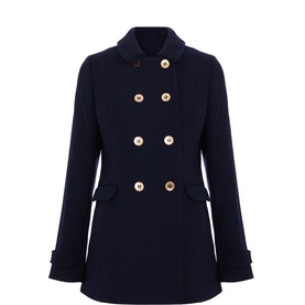 Phase Eight Aurelie Peacoat in blue, double-breasted with gold-tone buttons, collar, flap pockets, and cuff straps