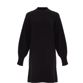 Phase Eight Tala Embellished Mini Dress in black knit, high round neck, long blouson sleeves with stud and ribbed detailing