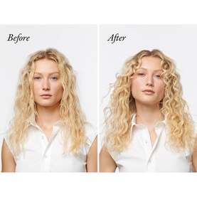 Before and after split image showing model with Oribe Hair Alchemy Heatless Styling Balm results: enhanced defined blonde curls
