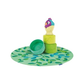 Ravensburger 3-in-1 Bird's Nest Stacking Cups in multi, featuring green stacking cups, colourful bird topper, and leaf-print carry bag