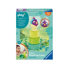 Ravensburger 3-in-1 Bird's Nest Stacking Cups in multi, green and yellow stacked tower with purple bird topper, 5 silicone cups