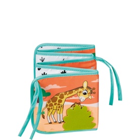 Ravensburger Wild Animals Tummy Time Book, multi-coloured soft activity book with giraffe scene and teal ties, dual-sided design