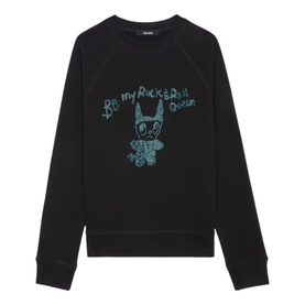 Zadig Supper Printed Pullover Sweatshirt in black with teal "Be My Rock N Roll Queen" slogan and devil bunny graphic, crew neck, long sleeves