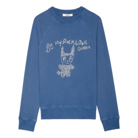 Zadig Upper Devil Queen Sweatshirt in blue cotton with crew neck and rhinestone devil graphic and "Be my Rock & Roll Queen" text
