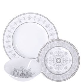 Tramontina Gabrielle 12-Piece Dinner Set in white porcelain with silver ornate pattern, showing dinner plate, side plate, and bowl