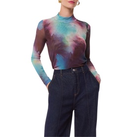 Printed Turtleneck Mesh Top