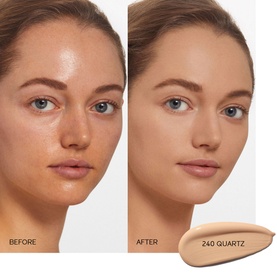 Shiseido Synchro Skin Self Refreshing Foundation before and after application on model's skin, shown with shade swatch 240 Quartz