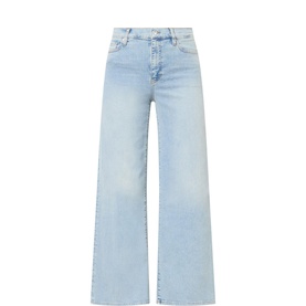 FRAME DENIM Le Slim Palazzo Wide Leg Jeans in light blue, high-rise with wide-cut leg, whiskering, faded detailing and contrast stitching