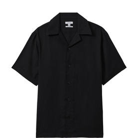 Reiss Beldi Oversized Linen Casual Shirt in black, Cuban collar, French button placket, short sleeves