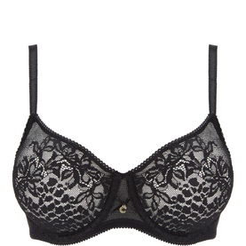 Chantelle Maris Lace Under-Wired Bra in black with floral lace cups, sweetheart neckline, gold-tone logo hardware and adjustable straps
