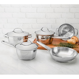 Tramontina Allegra Stainless Steel Five-Piece Cookware Set displayed on wooden board with brick backdrop, including pots, pans and steamer with lids