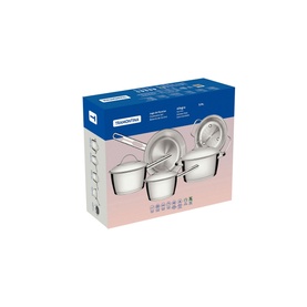 Tramontina Allegra Stainless Steel Five-Piece Cookware Set in branded packaging showing saucepan, casseroles, frying pan and steamer
